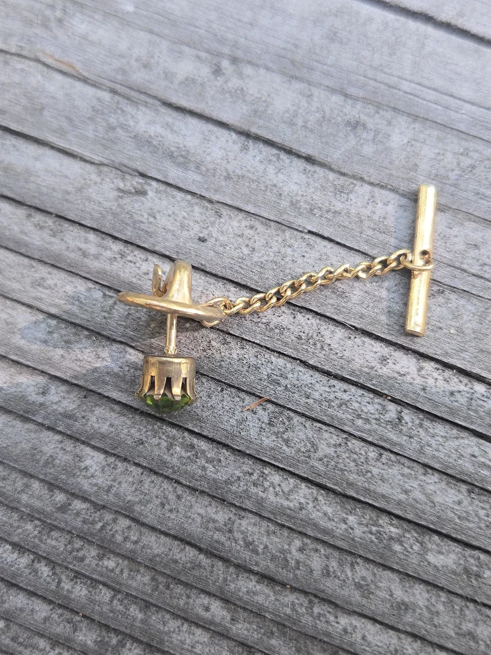Vintage Gold Tie Tack with Peridot Green Crystal
